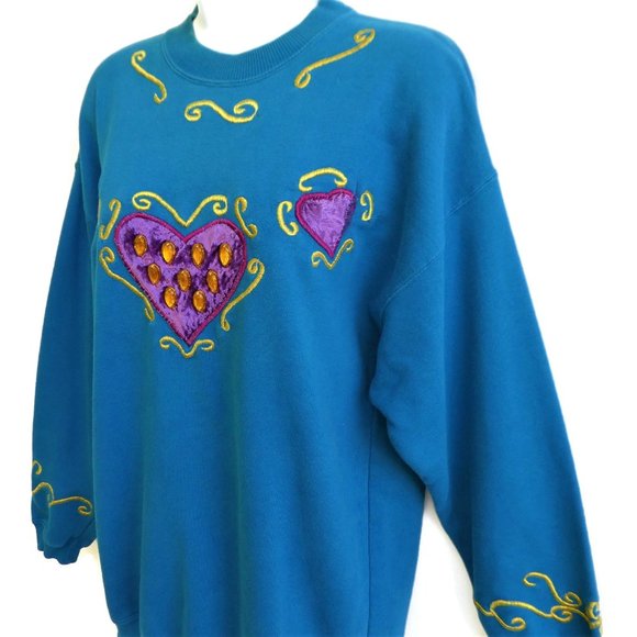 Vintage 80s Blue Sweatshirt 3D Velvet Purple Hearts Embroidered Zipper Back L - Picture 3 of 12